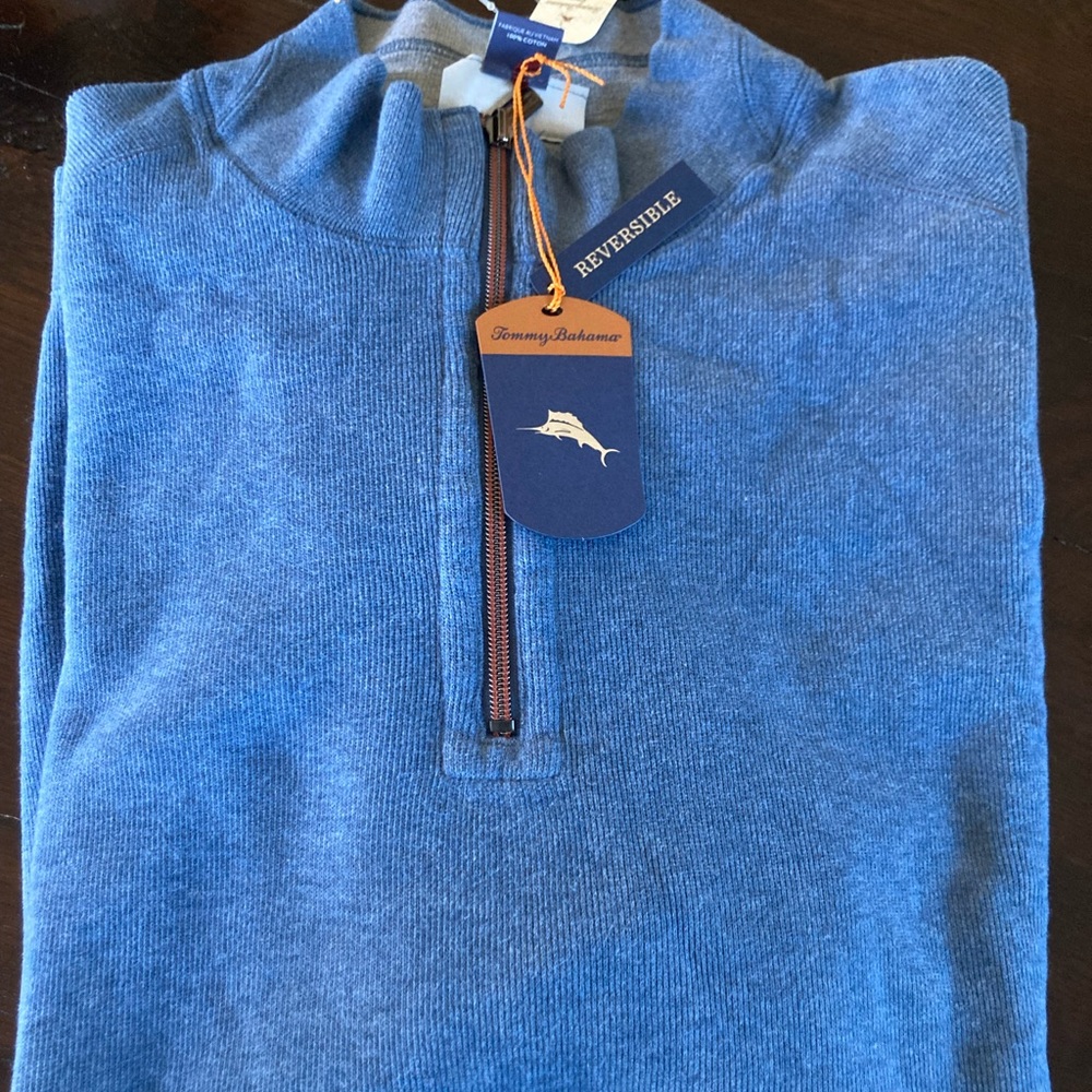 Tommy Bahama reversible flip side half zip sweater.